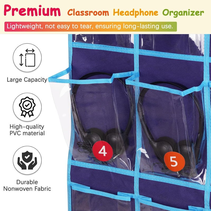 Olpchee 2 Pack Classroom Headphone Storage Organizer with 30 Pockets, PVC Clear Classroom Pocket Chart for Headphone Cell Phone Over-the-Door Hanging Headphone Holder Bag with 62 Labels(Blue) - Image 5